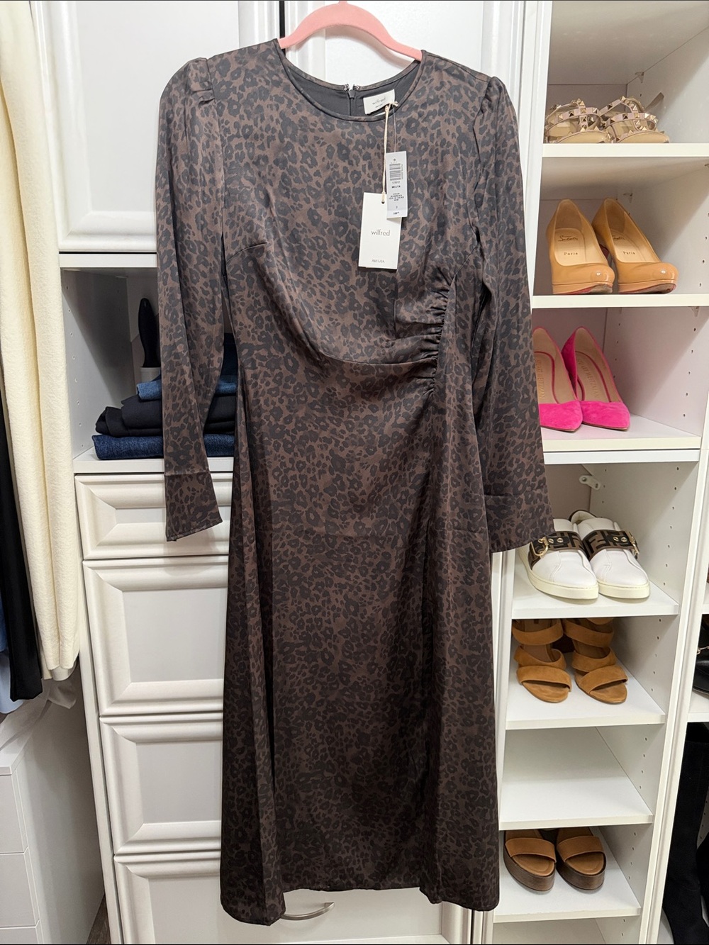 Aritzia Brown Leopard-Print Long Sleeve Midi Dress